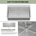 Logmey 30'' x 22''Drop-In Workstation Kitchen Sink - 16 Gauge SUS304 Stainless Steel Single Bowl Topmount Basin with Accessories
