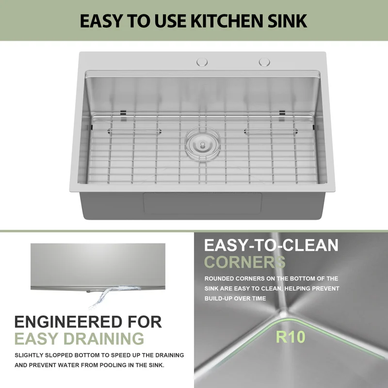 Logmey 30'' x 22''Drop-In Workstation Kitchen Sink - 16 Gauge SUS304 Stainless Steel Single Bowl Topmount Basin with Accessories