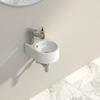 Logmey 10" x 13" Wall Mounted Bathroom Sink - Compact White Ceramic Circular Wall Hung Basin with Faucet Hole