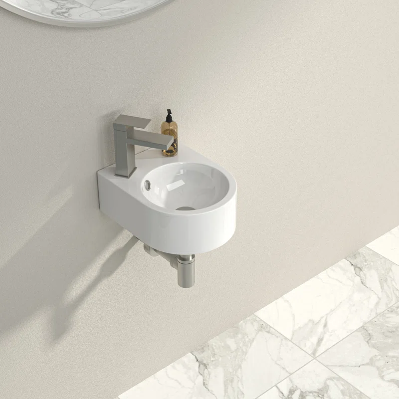 Logmey 10" x 13" Wall Mounted Bathroom Sink - Compact White Ceramic Circular Wall Hung Basin with Faucet Hole
