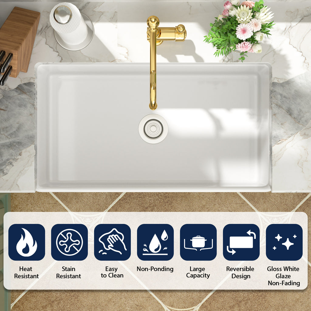 Logmey 33''x 18'' White Fireclay Farmhouse Kitchen Sink
