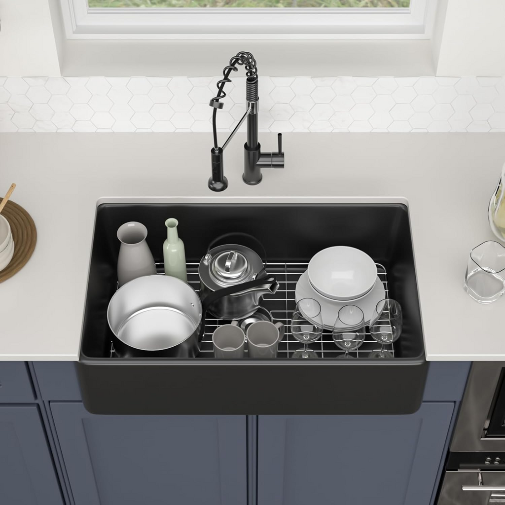 Logmey 33"L x 20"W Farmhouse Kitchen Sink - Apron Front Single Bowl - Matte Black & White Fireclay Ceramic Sink