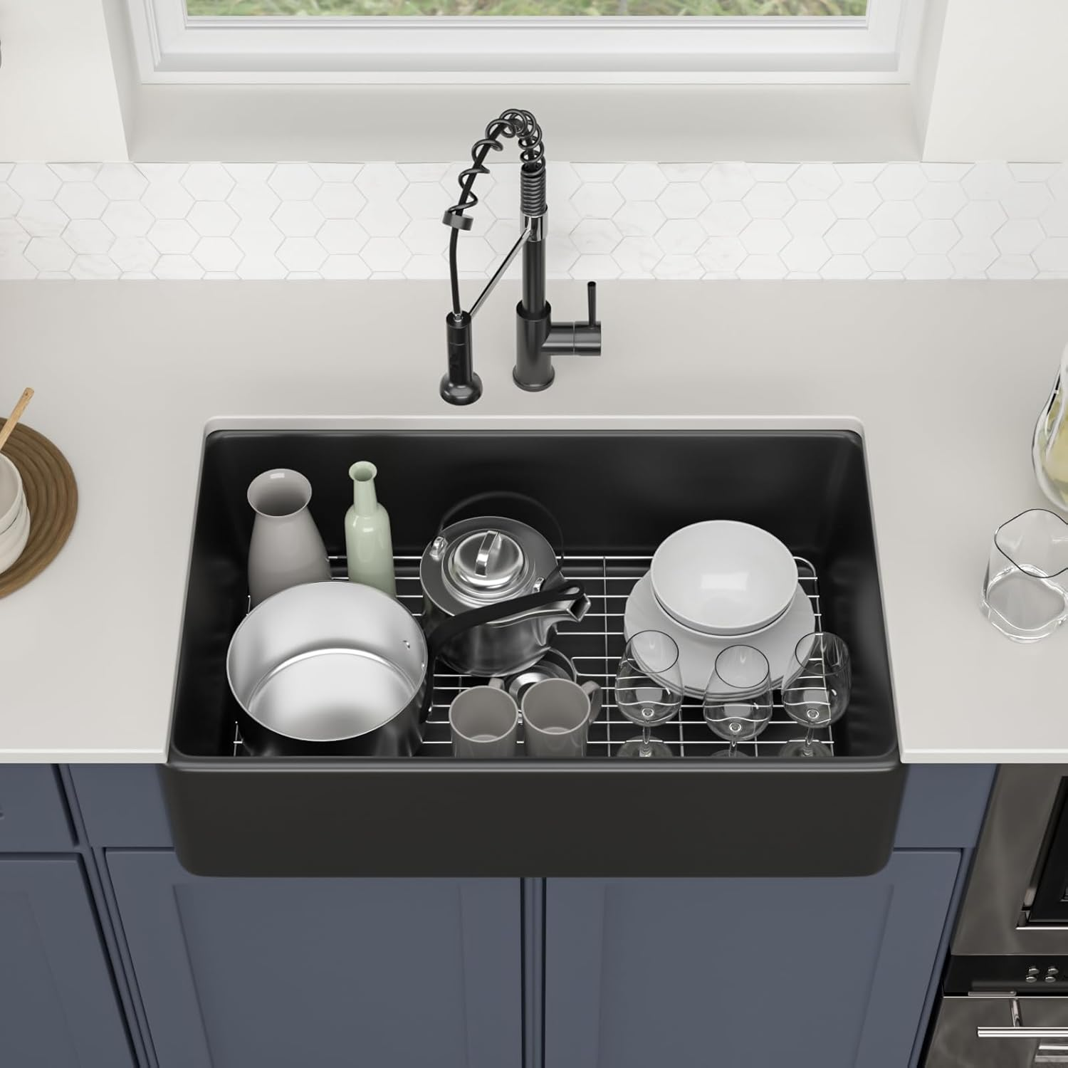 Logmey 33"L x 20"W Farmhouse Kitchen Sink - Apron Front Single Bowl - Matte Black & White Fireclay Ceramic Sink