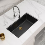 Logmey 33 Inch Black Granite Composite Kitchen Sink Workstation with Brushed Gold Accessories