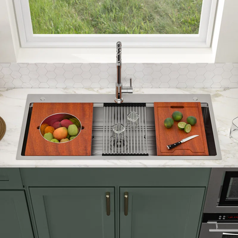 Logmey 45'' Kitchen Sink - Drop-In Single Bowl R10 Round Corner - Silver Stainless Steel Workstation with Premium Mahogany Accessories