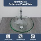Logmey 16" Glass Bathroom Vessel Sink with Faucet and Pop up Drain Set,Countertop Round Bowl Glass Art Basin,Clear