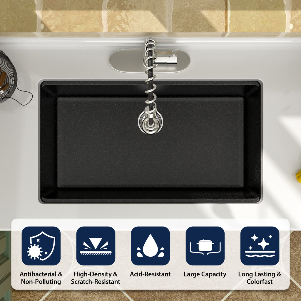 Logmey 33x19 Seamless Undermount Black Quartz Kitchen Sink Combo