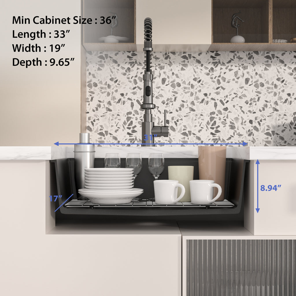 Logmey 33 Inch Black Quartz Composite Kitchen Sink, Undermount Single Bowl Workstation Sink with Drying Rack & Bamboo Cutting Board