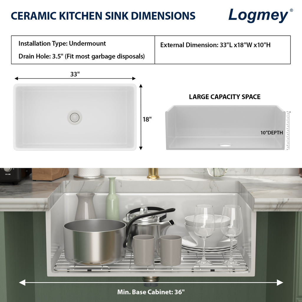 Logmey 33''x 18'' White Fireclay Farmhouse Kitchen Sink