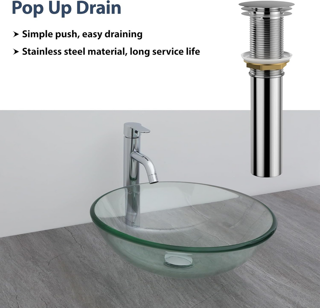 Logmey 16" Glass Bathroom Vessel Sink with Faucet and Pop up Drain Set,Countertop Round Bowl Glass Art Basin,Clear