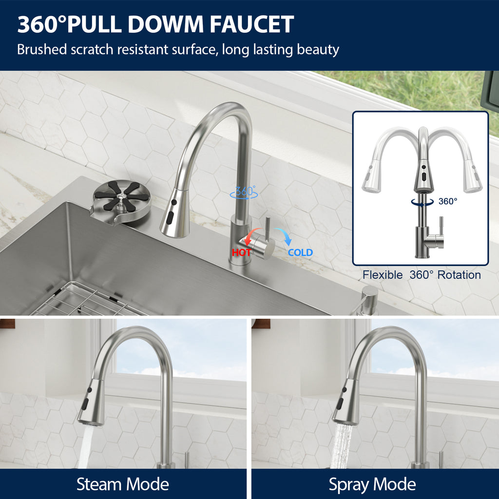 Logmey 33 Inch Topmount Kitchen Sink with Pull-Down Sprayer Faucet & Glass Rinser