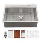 Logmey 30'' x 22''Drop-In Workstation Kitchen Sink - 16 Gauge SUS304 Stainless Steel Single Bowl Topmount Basin with Accessories