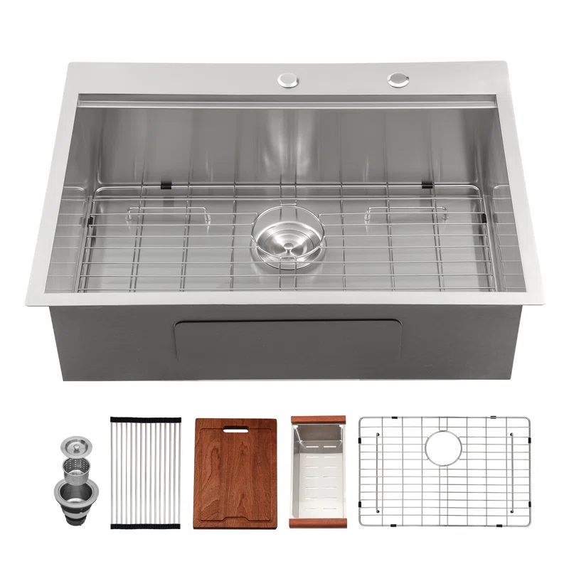 Logmey 30'' x 22''Drop-In Workstation Kitchen Sink - 16 Gauge SUS304 Stainless Steel Single Bowl Topmount Basin with Accessories