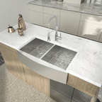LOGMEY 36'' L x 20''W Double Bowl Stainless Steel Farmhouse Kitchen Sink - 16 Gauge Apron Front 50/50 Split Sink with Bottom Grids