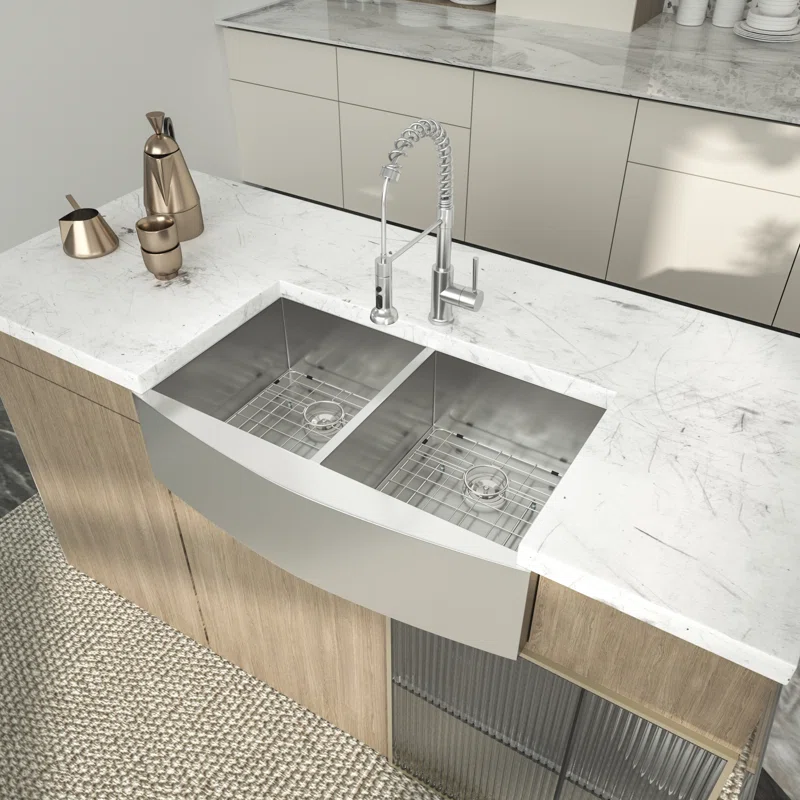 LOGMEY 36'' L x 20''W Double Bowl Stainless Steel Farmhouse Kitchen Sink - 16 Gauge Apron Front 50/50 Split Sink with Bottom Grids