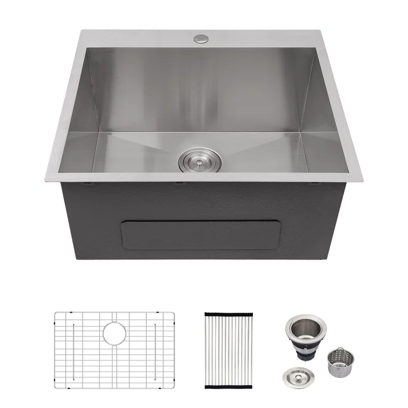 LOGMEY 22'' x 22''Drop-in Topmount Laundry Utility Sink - 16 Gauge Stainless Steel 12'' Extra Deep Single Bowl with Bottom Grid & Strainer