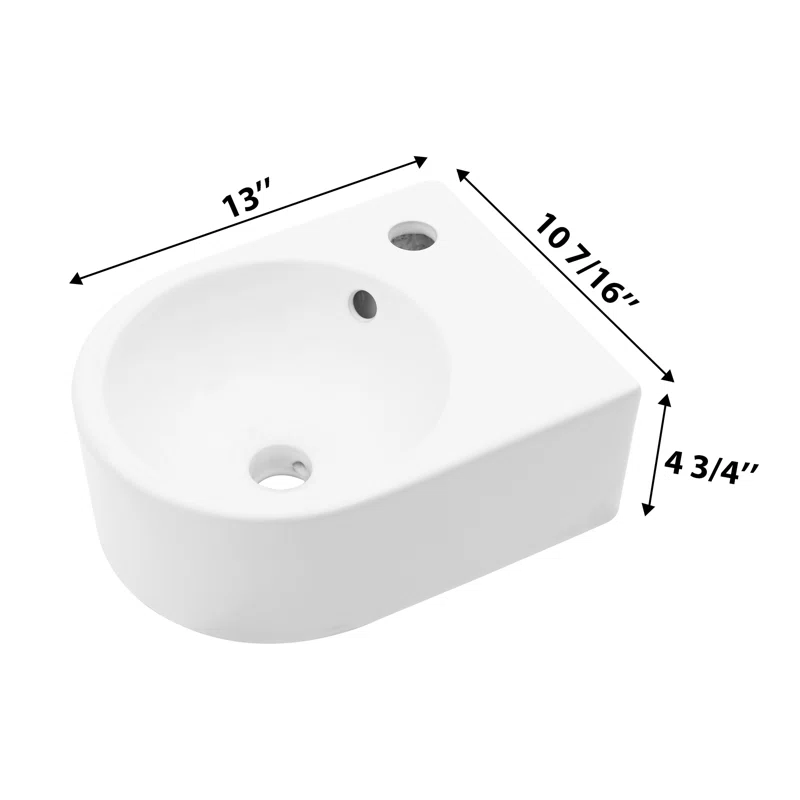 Logmey 10" x 13" Wall Mounted Bathroom Sink - Compact White Ceramic Circular Wall Hung Basin with Faucet Hole