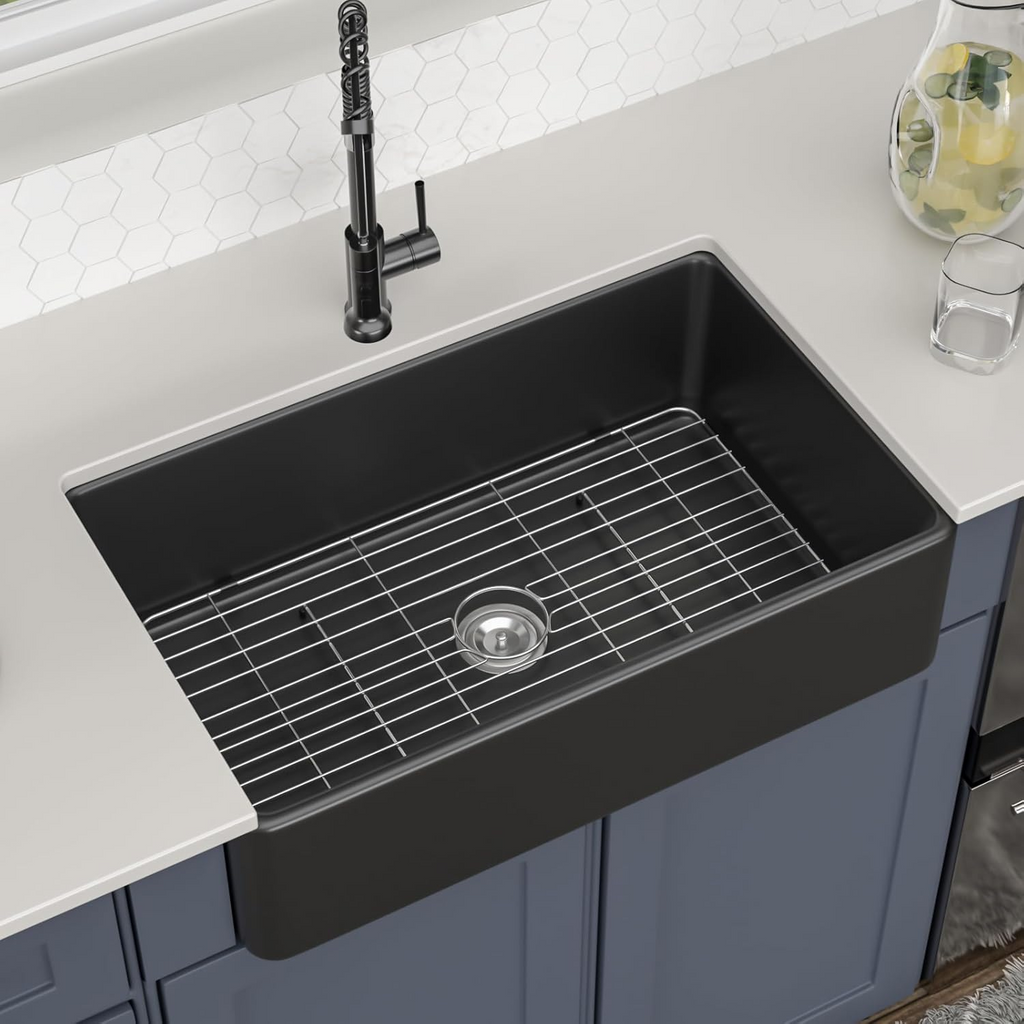 Logmey 33"L x 20"W Farmhouse Kitchen Sink - Apron Front Single Bowl - Matte Black & White Fireclay Ceramic Sink