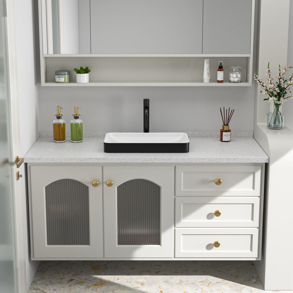 Logmey 19'' Semi-Recessed Vanity Basin - Black & White Rectangular Ceramic Sink