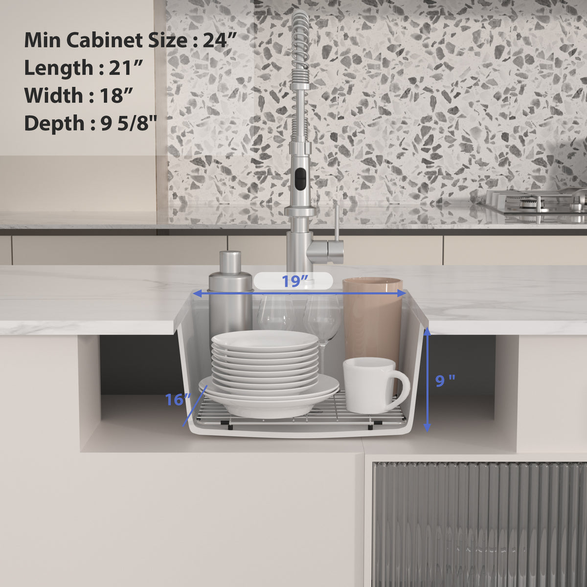 Logmey 21x18 Compact Undermount White Quartz Culinary Workstation Bar Prep Sink Combo