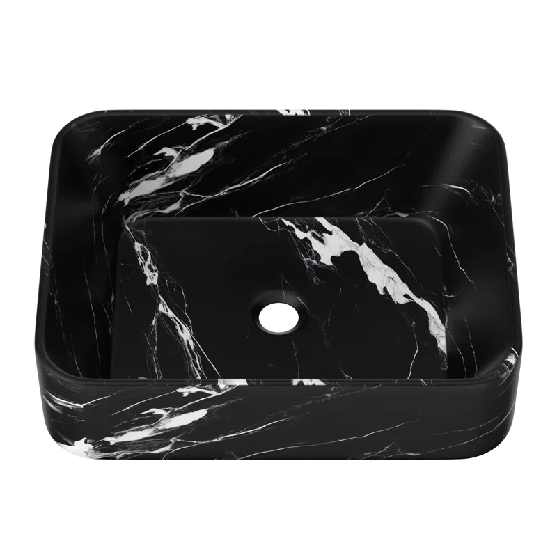 Logmey 19" x 15" Rectangular Bathroom Vessel Sink - Black Marble Vein Ceramic Above-Counter Vanity Basin