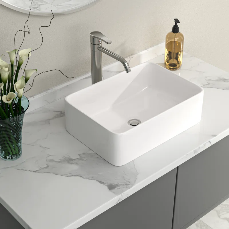 Logmey 19''x15'' Bathroom Sink - Rectangular Above Counter Vessel Single Bowl - White Porcelain Ceramic