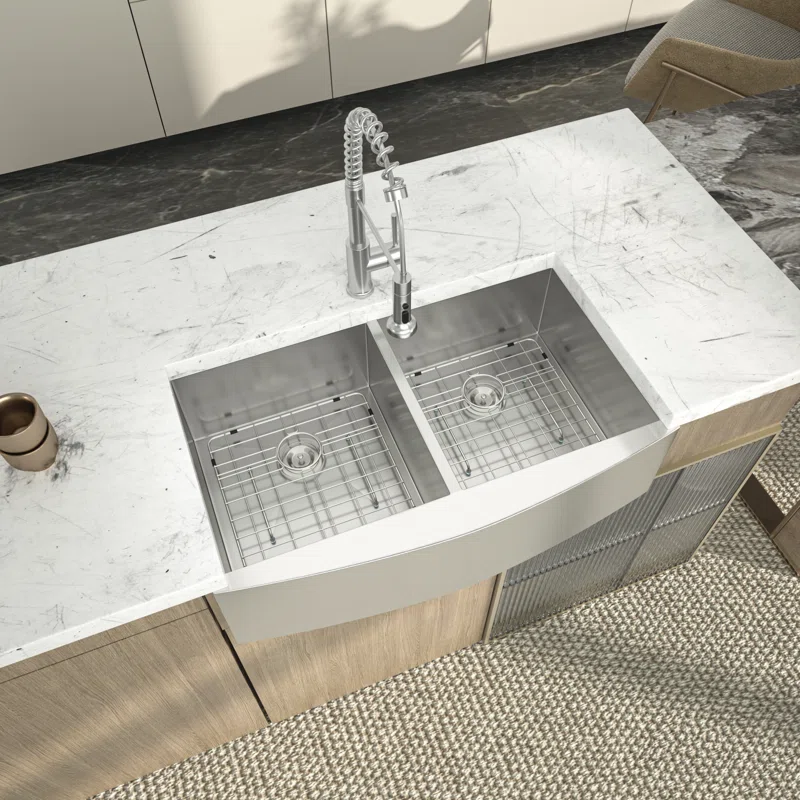 LOGMEY 36'' L x 20''W Double Bowl Stainless Steel Farmhouse Kitchen Sink - 16 Gauge Apron Front 50/50 Split Sink with Bottom Grids