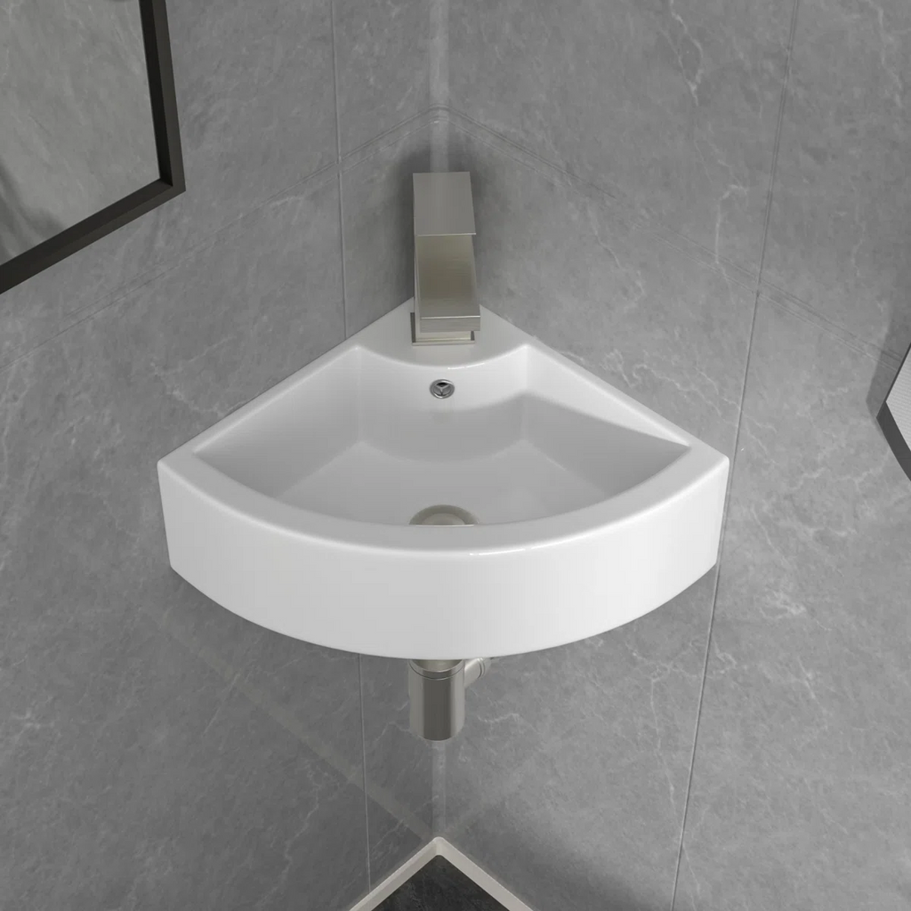 Logmey 18" Corner Wall Mounted Sink - White Floating Triangle Ceramic Basin