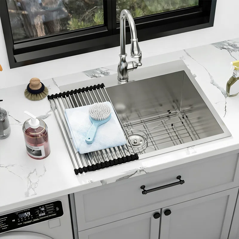 LOGMEY 22'' x 22''Drop-in Topmount Laundry Utility Sink - 16 Gauge Stainless Steel 12'' Extra Deep Single Bowl with Bottom Grid & Strainer