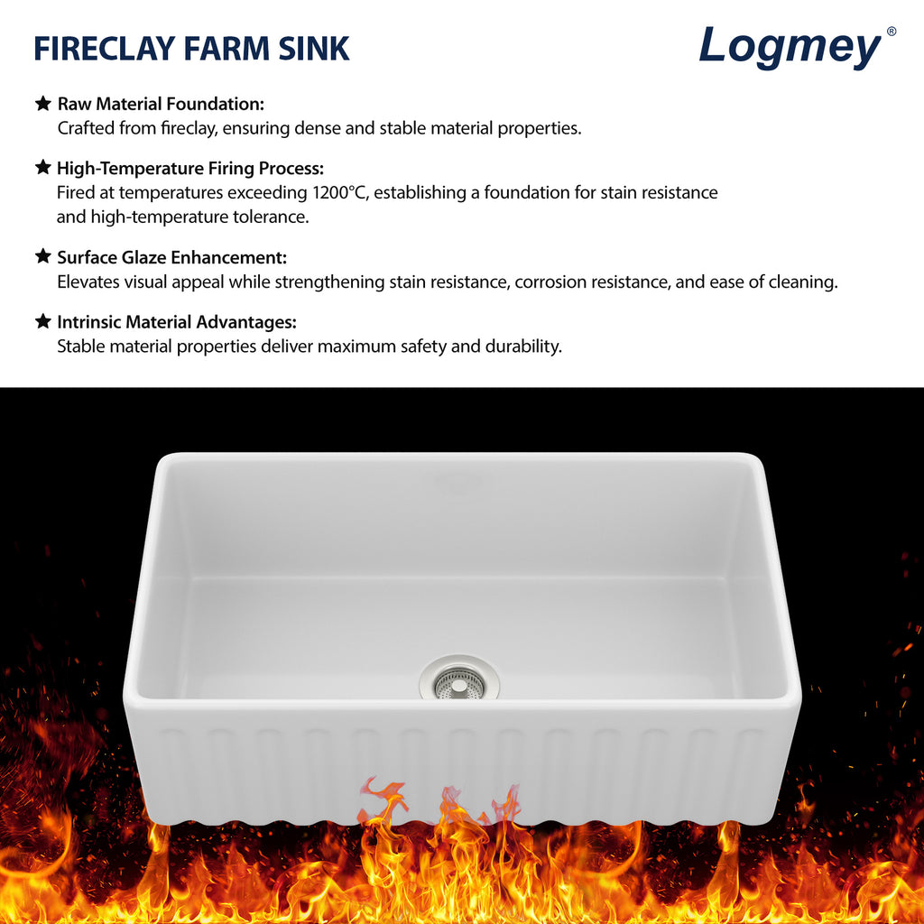 Logmey 33''x 18'' White Fireclay Farmhouse Kitchen Sink