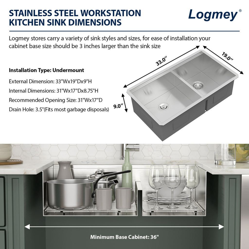 Logmey 33'' x 19'' Undermount 60/40 Double Bowl Workstation Kitchen Sink