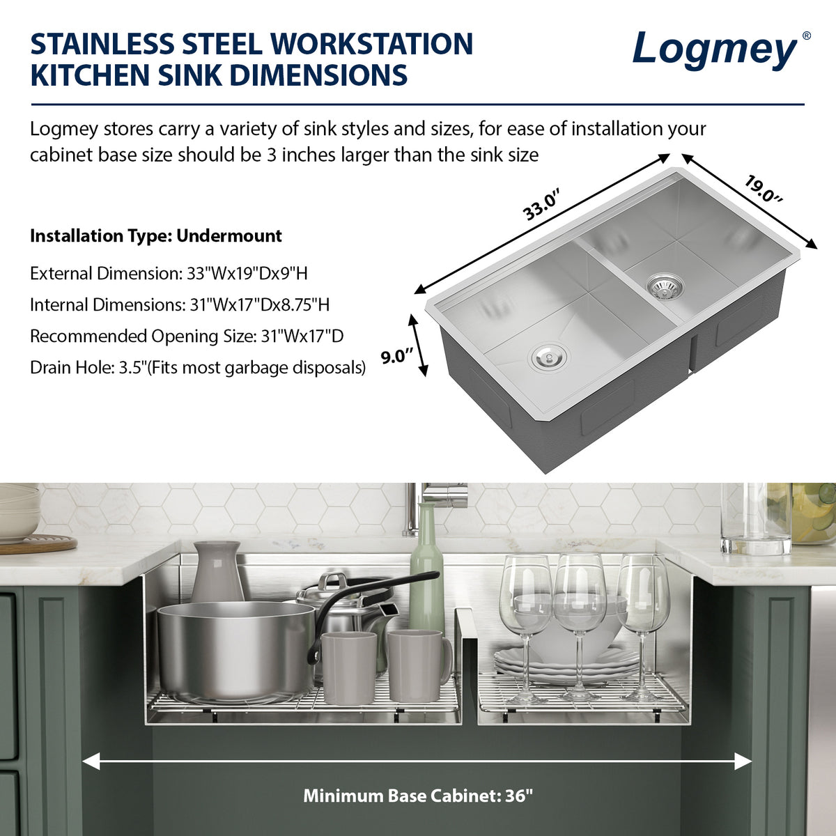 Logmey 33'' x 19'' Undermount 60/40 Double Bowl Workstation Kitchen Sink