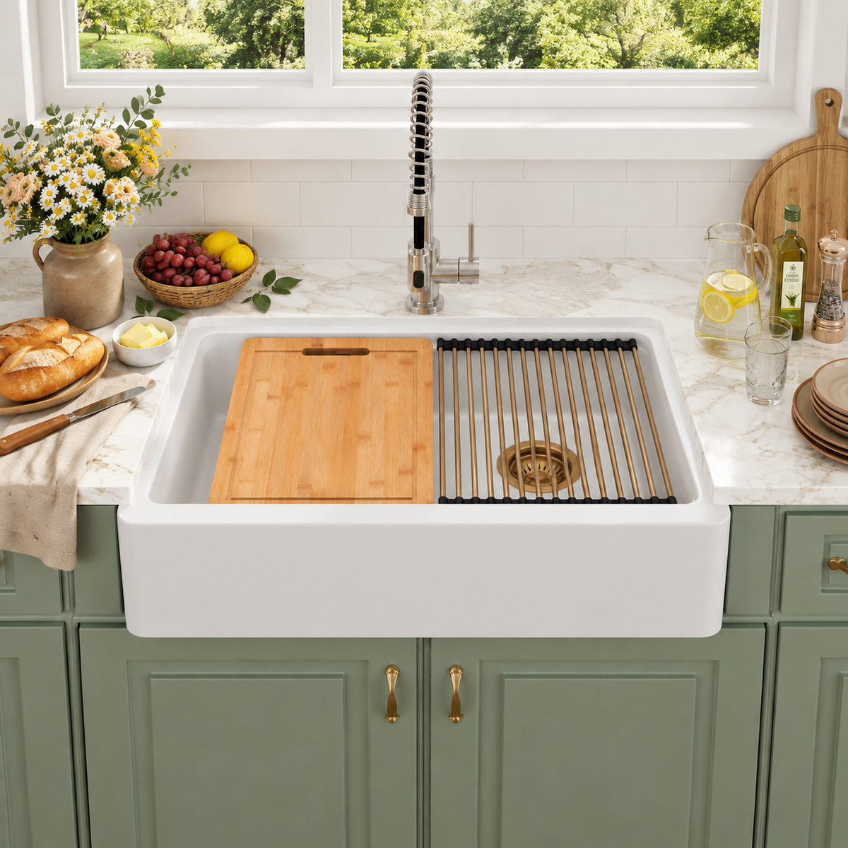 Logmey 33'' x 21''White Quartz Composite Farmhouse Workstation Kitchen Sink