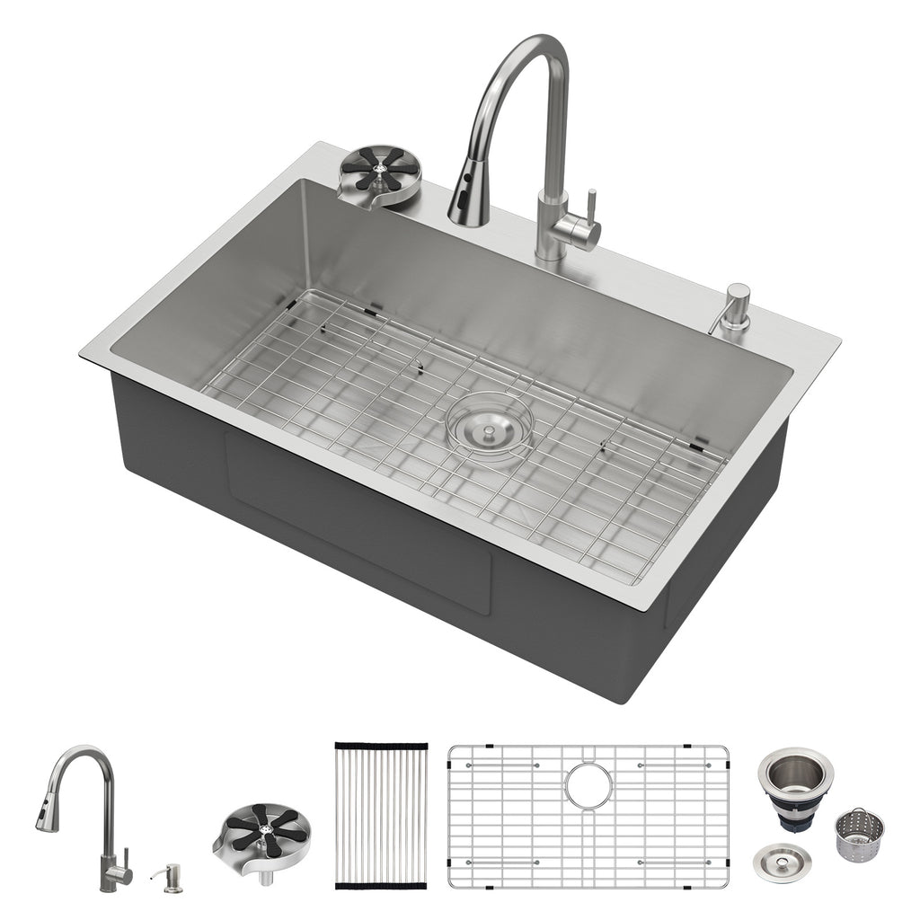 Logmey 33 Inch Topmount Kitchen Sink with Pull-Down Sprayer Faucet & Glass Rinser