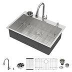 Logmey 33 Inch Topmount Kitchen Sink with Pull-Down Sprayer Faucet & Glass Rinser