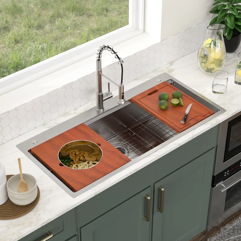 Logmey 45'' Kitchen Sink - Drop-In Single Bowl R10 Round Corner - Silver Stainless Steel Workstation with Premium Mahogany Accessories