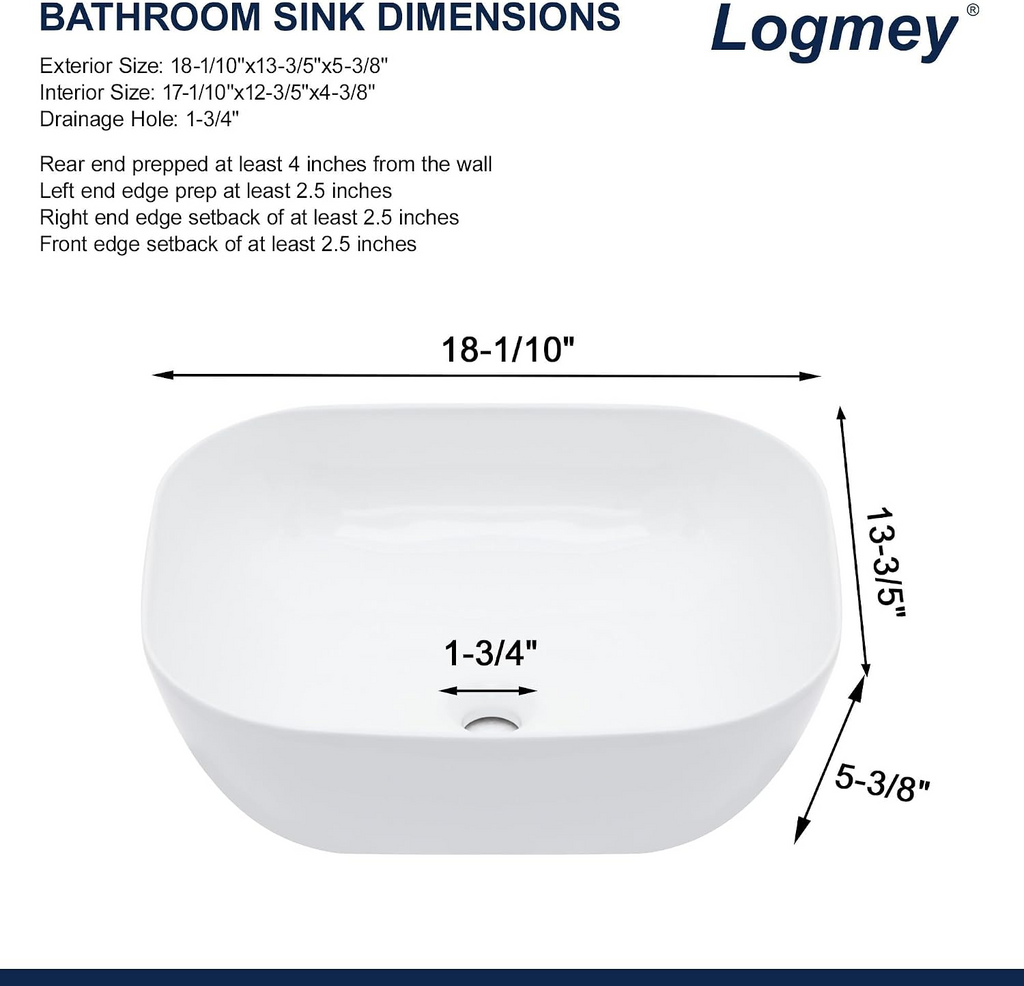 Logmey 18x14 Modern Rounded Rectangle Bathroom Vessel Sink