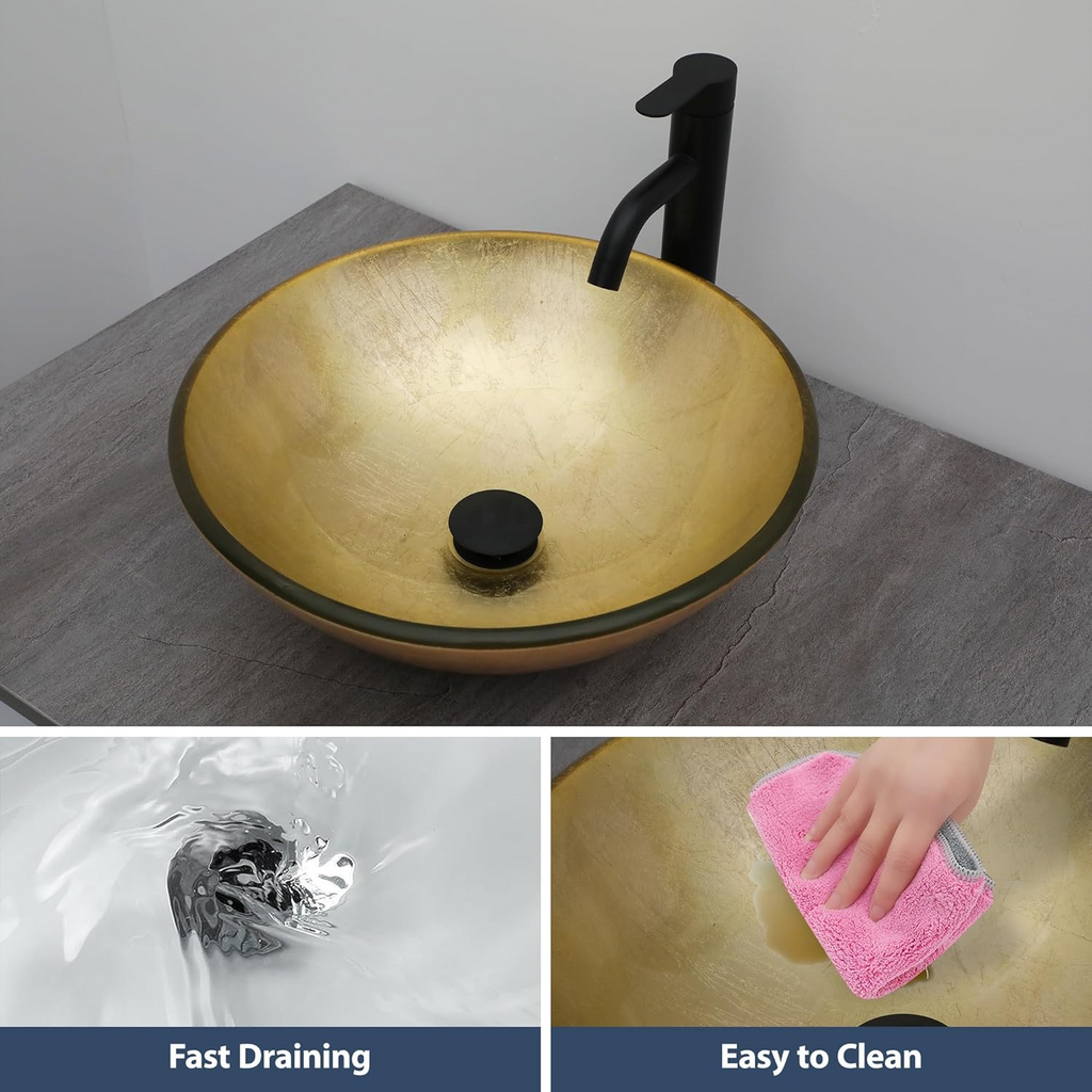 Logmey 16" Glass Bathroom Vessel Sink Vanity Countertop Round Bowl with Black Faucet and Chrome Pop up Drain Set,Glass Art Basin,Light Golden Amber