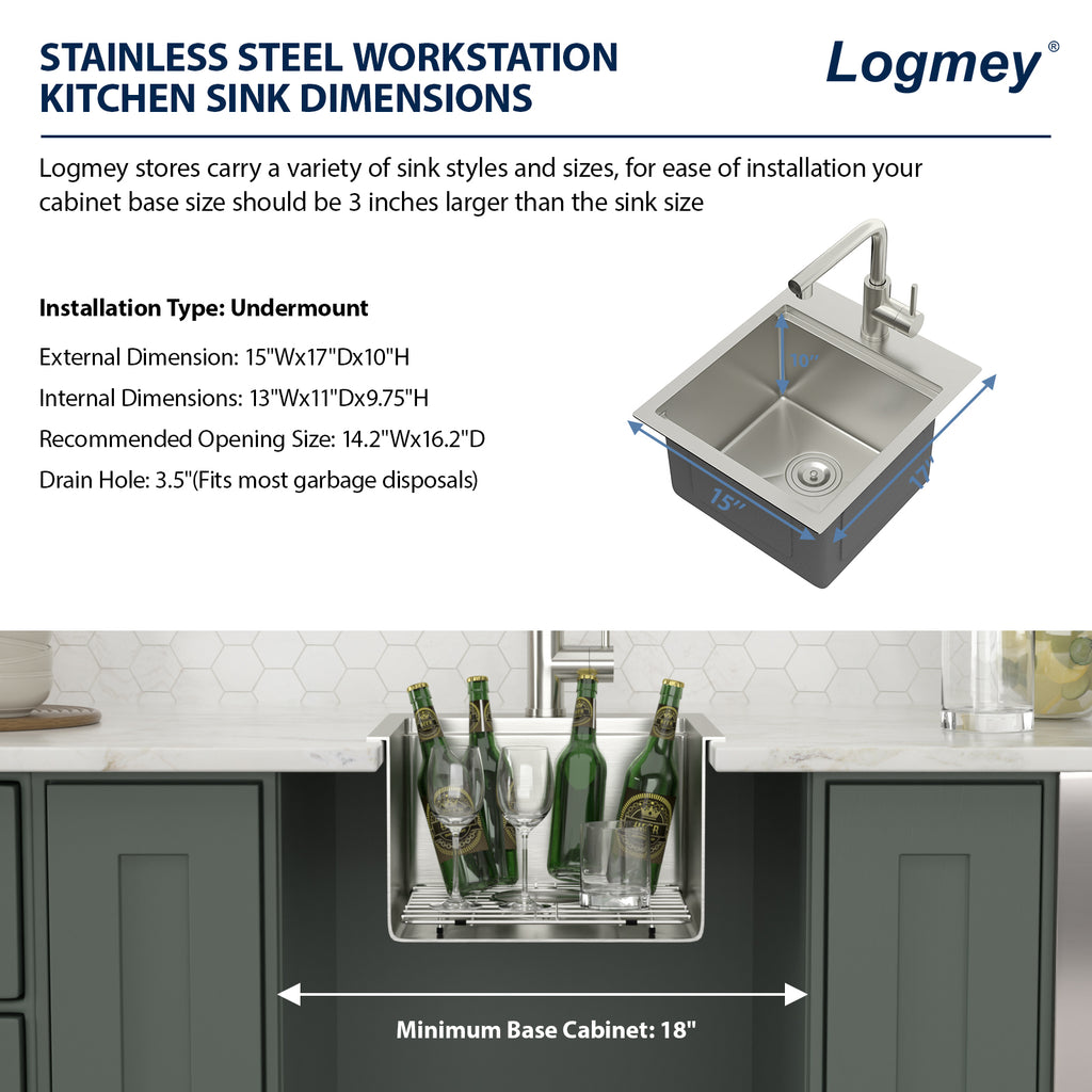 Logmey 15" Outdoor Undermount Workstation Sink with Faucet Set for Backyard, Bar & RVorkstation Bar Sink - Drop-In Single Bowl with Pull-out Faucet - Silver Stainless Steel