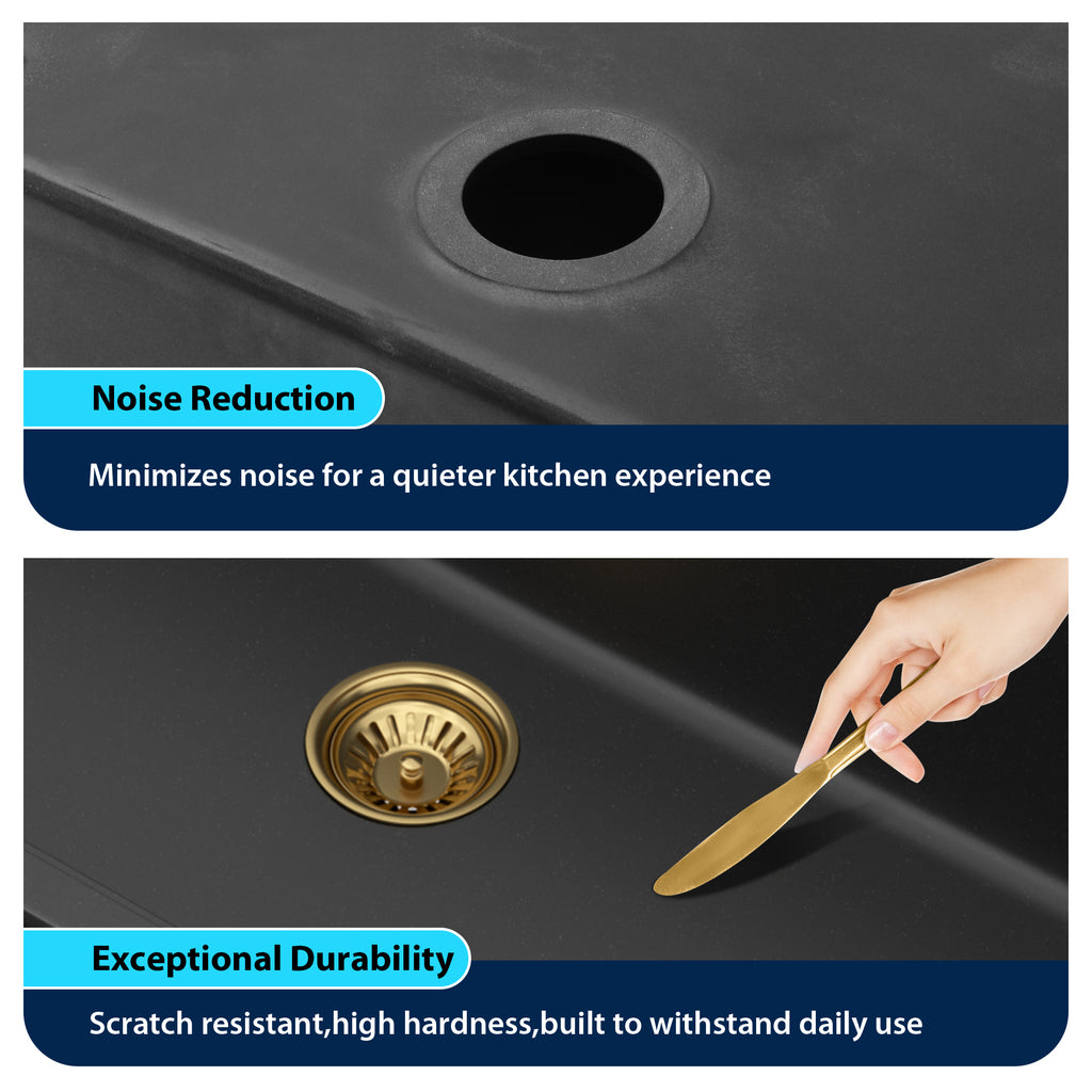 Logmey 33 Inch Black Granite Composite Kitchen Sink Workstation with Brushed Gold Accessories