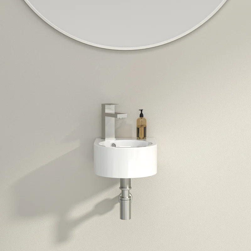 Logmey 10" x 13" Wall Mounted Bathroom Sink - Compact White Ceramic Circular Wall Hung Basin with Faucet Hole