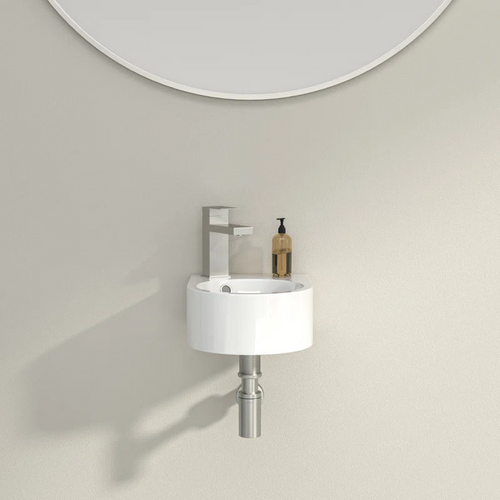 Logmey 10" x 13" Wall Mounted Bathroom Sink - Compact White Ceramic Circular Wall Hung Basin with Faucet Hole