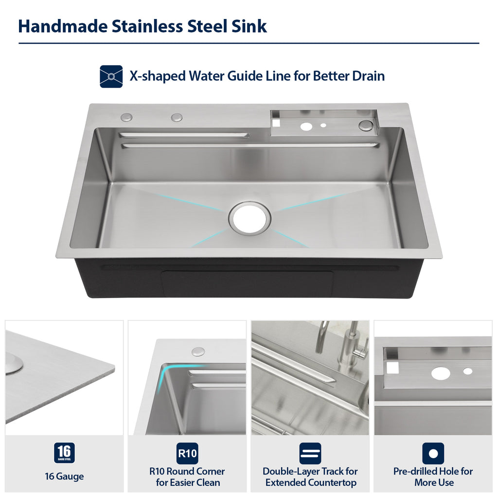 Logmey 33 Inch Topmount Stainless Steel Workstation Sink - Flying Rain Waterfall Pull-Down Faucet