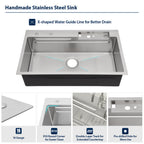 Logmey 33 Inch Topmount Stainless Steel Workstation Sink - Flying Rain Waterfall Pull-Down Faucet