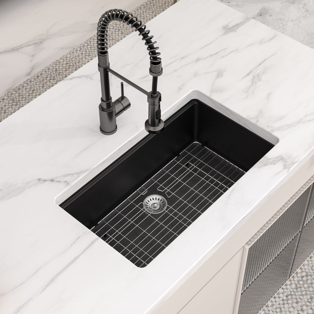 Logmey 32 Inch Black Quartz Composite Kitchen Sink, Undermount Single Bowl Workstation Sink with Drying Rack & Bamboo Cutting Board