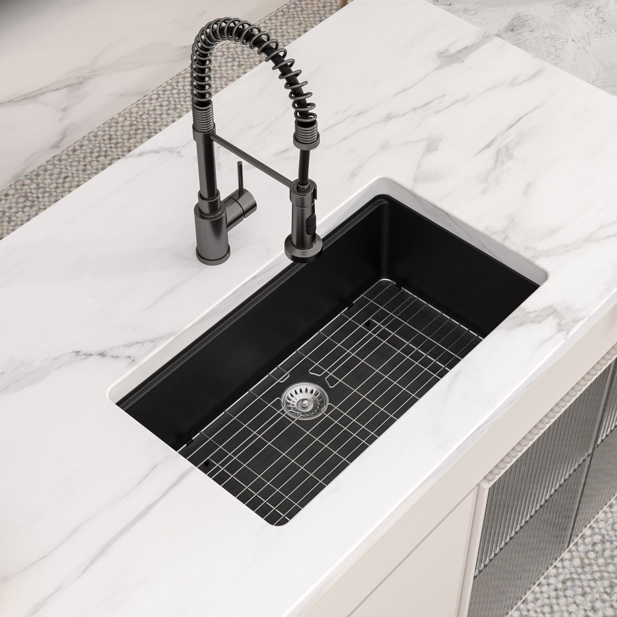 Logmey 32 Inch Black Quartz Composite Kitchen Sink, Undermount Single Bowl Workstation Sink with Drying Rack & Bamboo Cutting Board