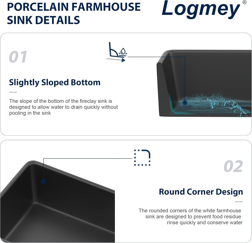 Logmey 33"L x 20"W Farmhouse Kitchen Sink - Apron Front Single Bowl - Matte Black & White Fireclay Ceramic Sink