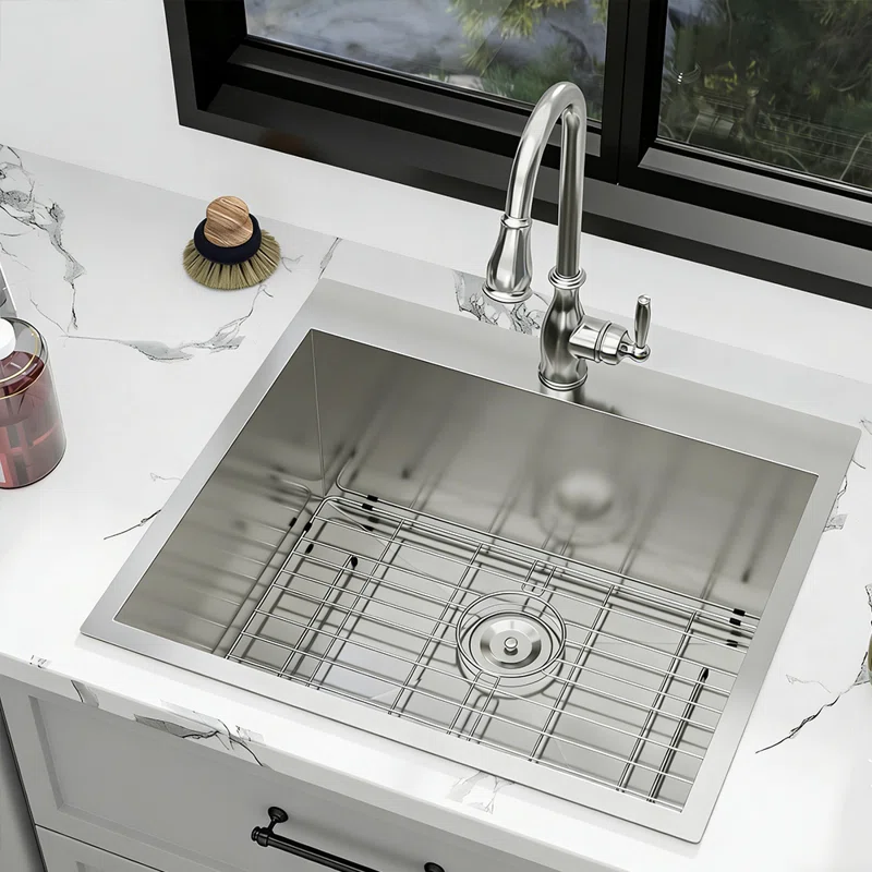 LOGMEY 22'' x 22''Drop-in Topmount Laundry Utility Sink - 16 Gauge Stainless Steel 12'' Extra Deep Single Bowl with Bottom Grid & Strainer