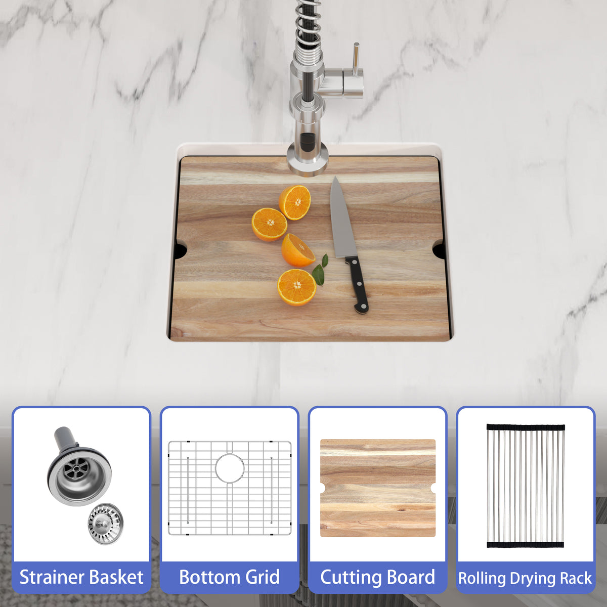 Logmey 21x18 Compact Undermount White Quartz Culinary Workstation Bar Prep Sink Combo