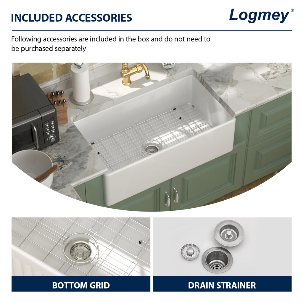 Logmey 33''x 18'' White Fireclay Farmhouse Kitchen Sink
